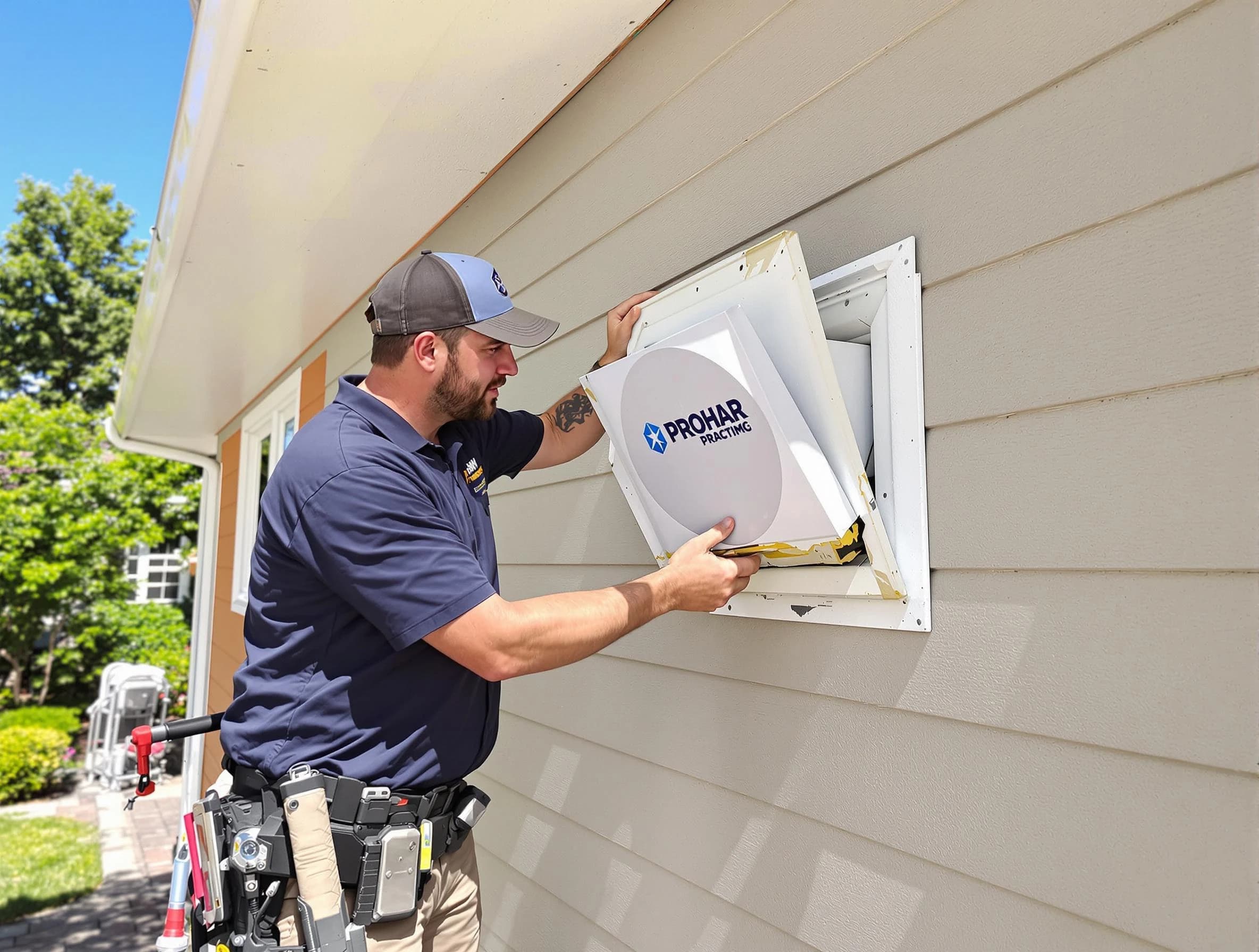 Edgewater Dryer Vent Cleaning technician installing a new protective dryer vent cover on a home in Edgewater
