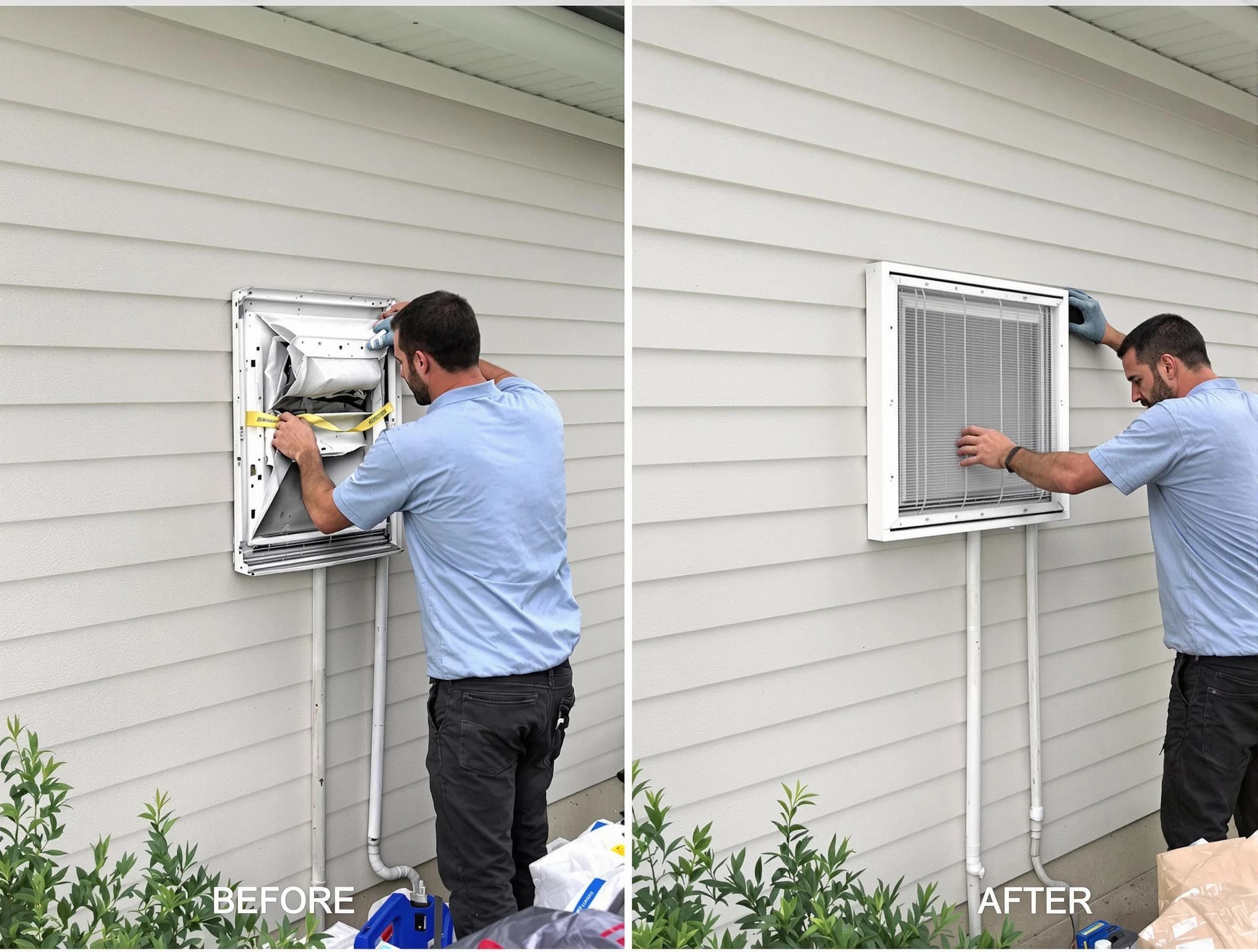 Edgewater Dryer Vent Cleaning technician installing high-quality dryer vent cover at a residential property in Edgewater