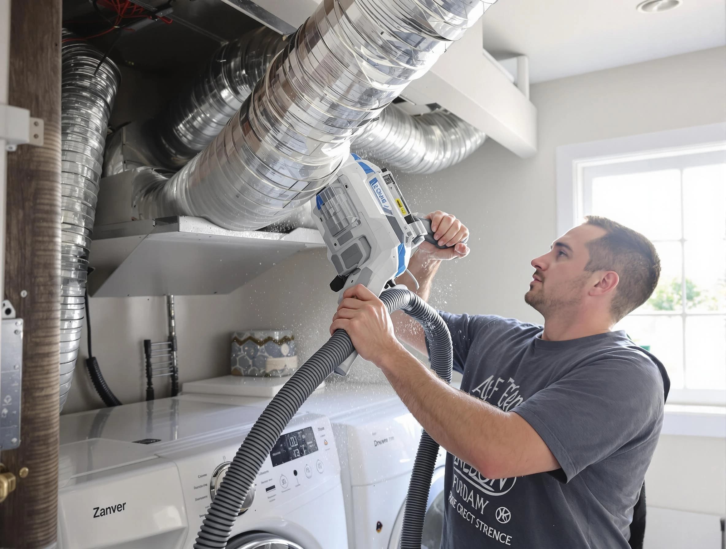 Edgewater Dryer Vent Cleaning specialist cleaning deep within a dryer vent duct system in Edgewater