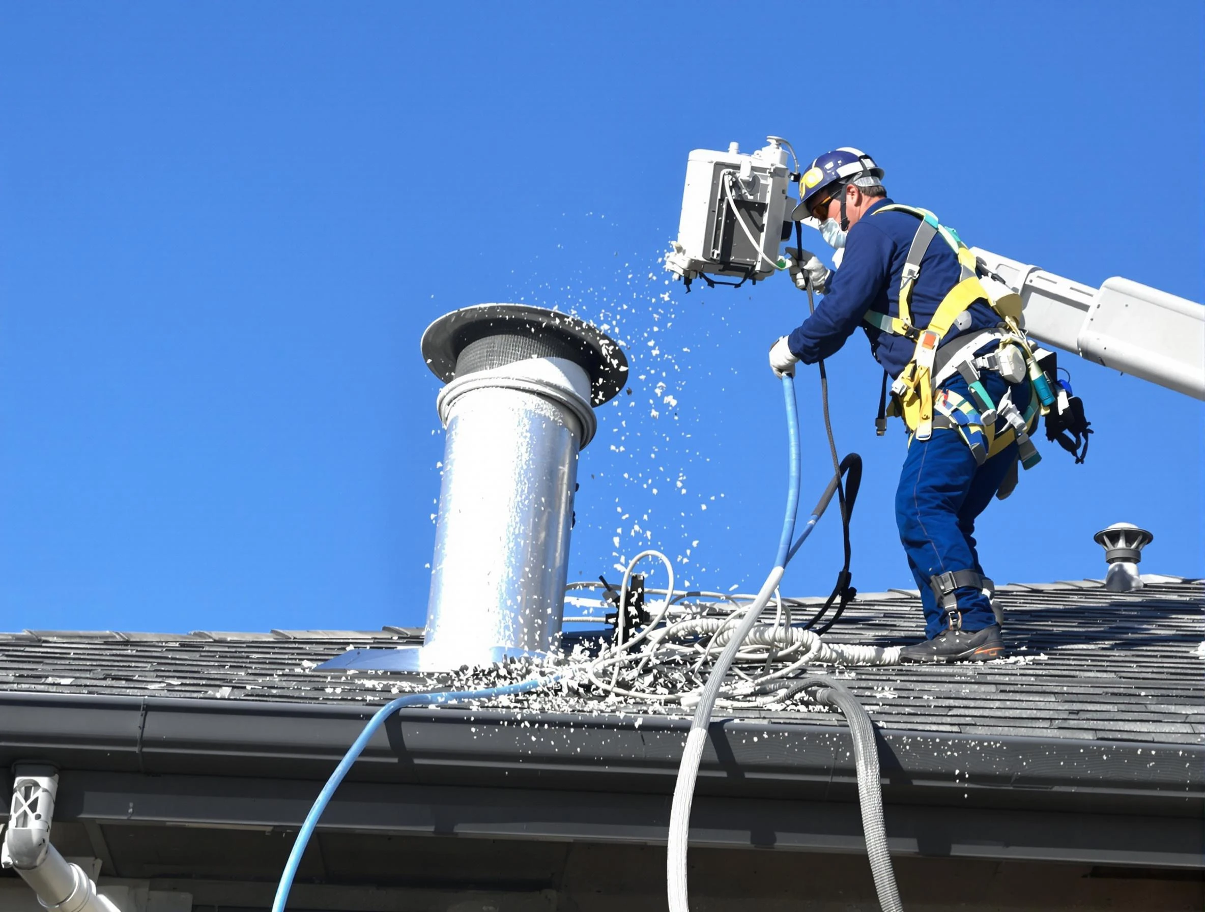 Edgewater Dryer Vent Cleaning certified technician safely cleaning a roof-mounted dryer vent in Edgewater